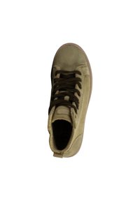 Zapatillas de media altura en ante verde oliva claro con cordones marrones, punta redondeada, tejido texturizado y suela de goma smooth.