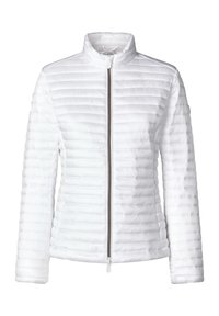 Giacca puffer bianca con colletto alto, chiusura con zip e motivo trapuntato orizzontale. Texture liscia con maniche aderenti e design moderno.