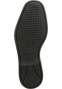 Suela de zapato de goma negra con un patrón en zigzag y pequeños agujeros de ventilación. Marcada con las etiquetas "GEOX" y "PATENTE ITALIANA".