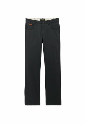 Schwarze Wrangler-Hose mit geradem Bein, Fronttaschen, Gürtelschlaufen, Knopfverschluss und gebrandetem Aufnäher an der rechten Tasche.
