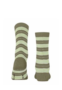 Grüne gestreifte Socken mit abwechselnd hellgrünen und weißen Bändern, aus einem weichen, dehnbaren Material mit verstärkten Zehen.
