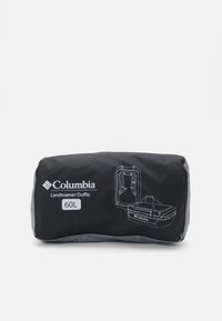 Zwarte Columbia Landroamer Duffle bag, 60L, met een grijze accent en een illustratie van het open ontwerp met schouderriemen aan één kant.