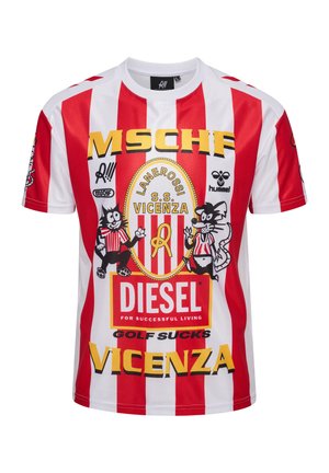 Rot-weiß gestreiftes T-Shirt mit kurzen Ärmeln, mit den Logos von MSCHF, LANEROSSI S.S. VICENZA, Diesel und Cartoon-Katzen- und Hundemotiven auf der Vorderseite.