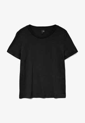 T-shirt noir à manches courtes en tissu doux. Il présente un col rond classique et une coupe décontractée avec un ourlet droit.