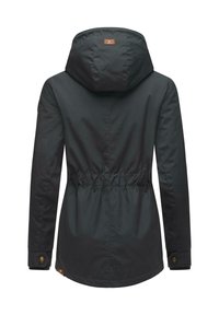 Black hooded jacket with elastic waist, smooth texture, buttoned cuffs, and a leather logo patch on the back.