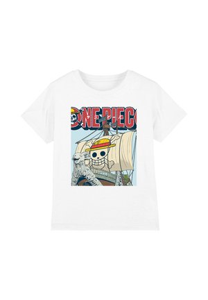 Weißes T-Shirt mit farbigem "One Piece"-Logo und Piratenschiff, das einen Totenkopf mit Strohhut auf dem Segel und eine Ziegen-Vertäfelung zeigt.