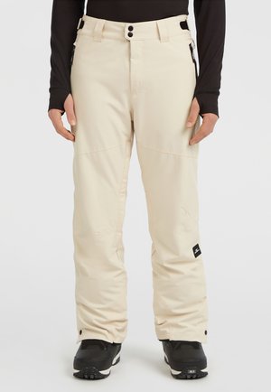 Beige sneeuwbroeken van een gladde, waterafstotende stof, met een ritszak, dubbele knopen en een verstelbare tailleband voor een veilige pasvorm.