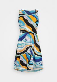 Bezramenné šaty s barevným, abstraktním vlnitým vzorem v modré, černé, oranžové a pastelových odstínech s elastickým páskem.