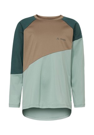 Langärmeliges Sportshirt mit Rundhalsausschnitt, farblich abgesetzt in Braun, Dunkelgrün und Hellgrün, mit kleinem "VAUDE"-Logo auf der Brust.