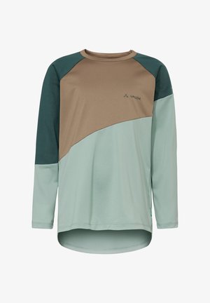 Langärmeliges Sportshirt mit Rundhalsausschnitt, farblich abgesetzt in Braun, Dunkelgrün und Hellgrün, mit kleinem "VAUDE"-Logo auf der Brust.