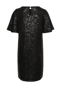 Robe noire à sequins longue jusqu'aux genoux avec manches courtes volantées et petit décolleté en forme de goutte dans le dos.