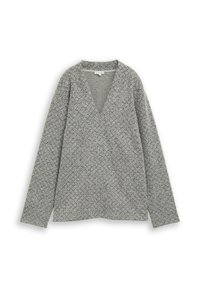 Gray sweater with a V-neck, long sleeves, and textured knit pattern. Straight hem and side slits for ease of movement.