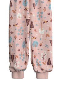 Roze joggers met een door de natuur geïnspireerd patroon van bomen, dieren en planten, gemaakt van zacht materiaal en afgewerkt met elastische boorden.