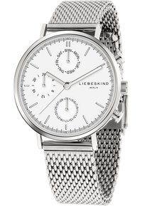 Orologio con cinturino in rete argentata e quadrante bianco, presenta tre sottodial e indicatori delle ore in tonalità argentata. Design minimalista con ottima leggibilità.