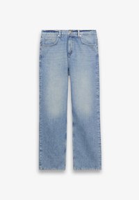 Ανοιχτό μπλε τζιν παντελόνι με ίσια γραμμή, πέντε τσέπες, θηλιές για ζώνη και κλείσιμο με κουμπί και φερμουάρ.