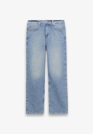 Vaaleansiniset suorat farkut, joissa viisi taskua, vyölenkit sekä nappi- ja vetoketjusuljenta.