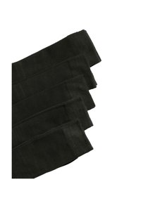 Fem par sorte bomuldsstrømper med ribbet kant, glat tekstur og sømløst tådesign. Hver par stakket pænt.