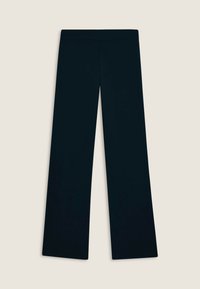 Pantaloni neri a gamba larga realizzati in un tessuto morbido con una consistenza liscia e una vita elasticizzata. Design semplice senza fantasie o accenti.