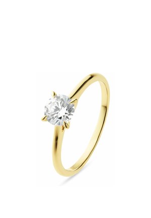 Gelbgoldring mit einem großen runden klaren Diamanten, gehalten von vier Krappen an einem schlichten Band, dargestellt vor weißem Hintergrund.