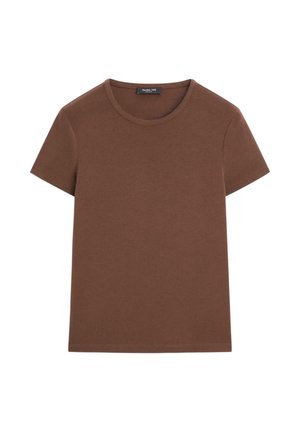 Brązowy bawełniany t-shirt z krótkimi rękawami i okrągłym dekoltem. Prosty design, miękka tekstura i regularny krój. Brak zauważalnych wzorów czy akcentów.