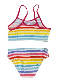 Bañador de dos piezas a rayas en colores pastel: top con tirantes finos y braguitas a juego, con rayas horizontales en rojo, amarillo, azul y rosa.