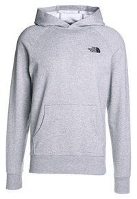 Sweat à capuche gris clair avec poche kangourou à l'avant et petit logo noir The North Face sur le côté gauche de la poitrine.