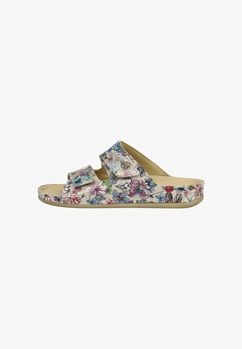 Sandale à enfiler avec deux sangles réglables, semelle beige, et motif floral multicolore couvrant toute la chaussure.