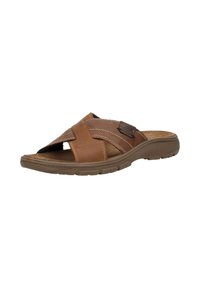 Bruine leren slidesandalen met geweven ontwerp en uitsneden. Kenmerken include een gestructureerde bovenkant en een stevige rubberen zool voor grip en comfort.