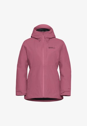 Rosa wasserdichte Jacke mit Kapuze, durchgehendem Reißverschluss und verstellbaren Bündchen. Merkmale ein Logo auf der Brust und eine glatte, matte Textur.