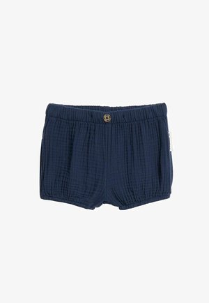 Marineblå teksturerede babeshorts med elastisk talje og en enkelt dekorativ knap midt for.