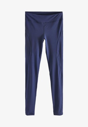Leggings sportivi blu navy realizzati in tessuto elasticizzato, con vita alta, cuciture piatte e pannelli laterali per un look aderente.