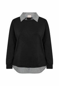 Felpa nera con colletto e polsini a righe. Il corpo è realizzato in tessuto liscio, mentre il colletto presenta sottili righe bianche e nere.