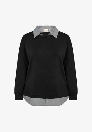 Sort sweatshirt med en stribet skjortekrave og manchetter. Kroppen er lavet af glat stof, mens kraven har tynde hvide og sorte striber.