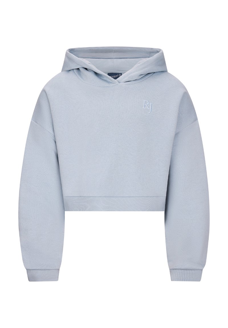 Lichtblauwe cropped hoodie met lange mouwen, geribbelde manchetten en klein geborduurd 'RJ'-logo op de borst.