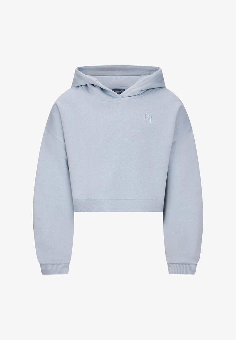 Lichtblauwe cropped hoodie met lange mouwen, geribbelde manchetten en klein geborduurd 'RJ'-logo op de borst.