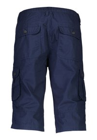 Laivastonsiniset cargo-shortsit, joissa on rento istuvuus, joustava vyötärö, kaksi sivukäyttötaskua ja ommellut yksityiskohdat lahkeiden suuaukkojen ympärillä.