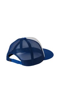 Blaue Netzmütze mit einem einfarbigen blauen Schirm und einer weißen Vorderseite. Verfügt über einen Snapback-Verschluss und strukturiertes Netz für Belüftung.