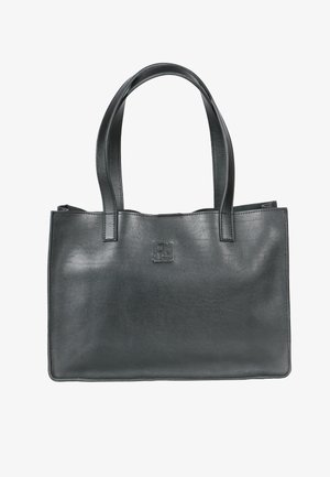 Zwarte leren totebag met dubbele handvatten, een gladde textuur, rechthoekige vorm en een geperst logo aan de voorkant. Geen zichtbare hardwaredetails.