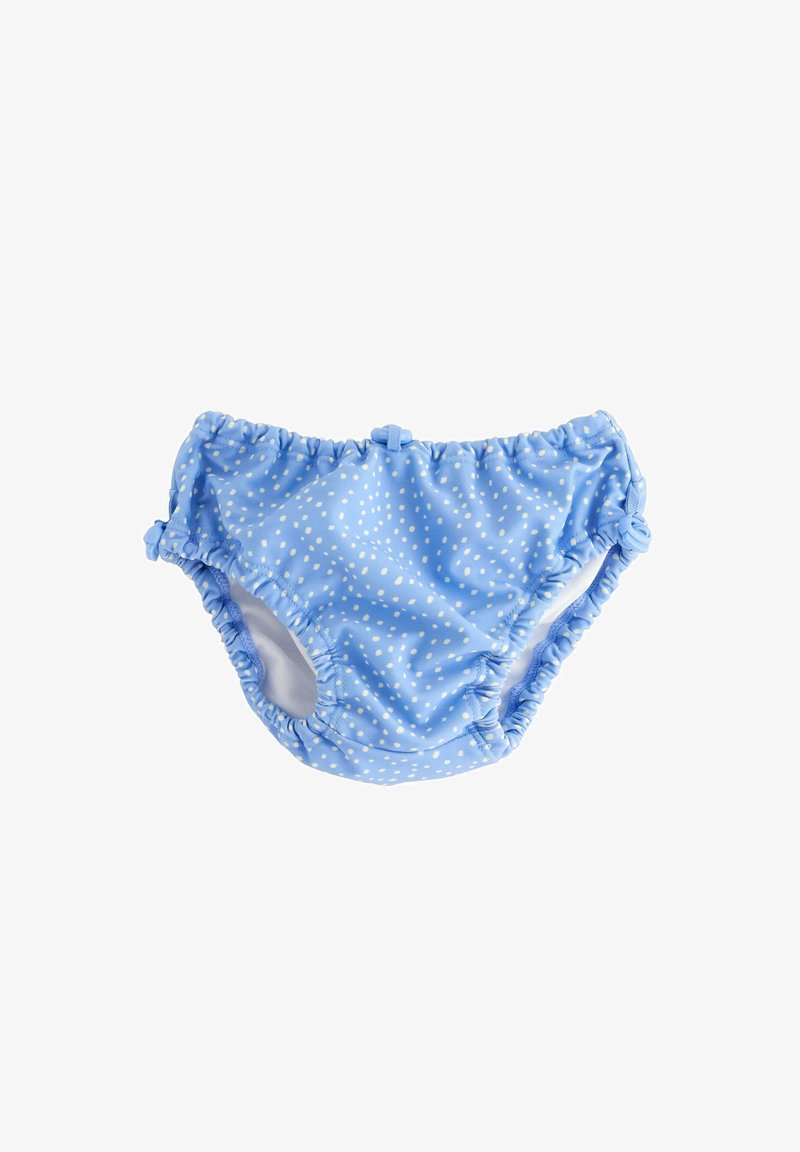 Hellblaue Schwimmbreve mit weißen Punkten. Mit gerafften Kanten und kleinen Schleifen an den Seiten. Glattes Material mit elastischem Bund.