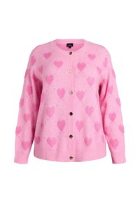 Roosa kardigan pehmest kangast, millel on tekstureeritud südame mustrid. Sellel on ümmargune kaelus ja esiosas kuldsed nööbid.