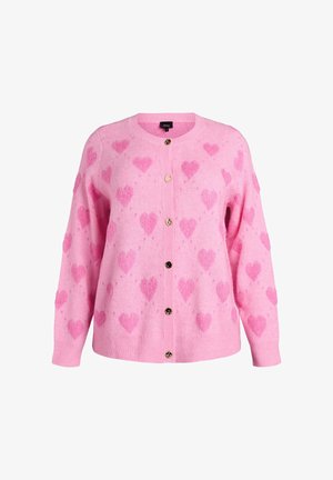 Cardigan rosa realizzato in tessuto morbido con motivi a cuore in rilievo. Presenta una scollatura tonda e chiusura frontale con bottoni dorati.