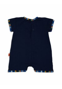 Romper blu navy a maniche corte con chiusura a bottoni e dettagli a righe attorno al colletto e all'orlo. Materiale in cotone morbido e traspirante.