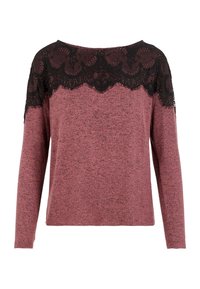 Langärmliger Pullover in gedämpftem Pink mit strukturiertem Finish, ausgestattet mit einem schwarzen Spitzenoverlay auf den Schultern und einer lockeren Passform.