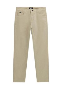 Pantaloni in cotone beige con gamba dritta, tasche anteriori e chiusura con zip. Presenta un piccolo etichetta nera sul taschino anteriore.