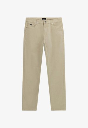 Pantaloni in cotone beige con gamba dritta, tasche anteriori e chiusura con zip. Presenta un piccolo etichetta nera sul taschino anteriore.