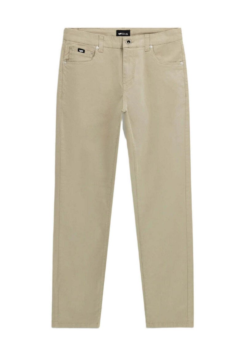 Pantaloni in cotone beige con gamba dritta, tasche anteriori e chiusura con zip. Presenta un piccolo etichetta nera sul taschino anteriore.
