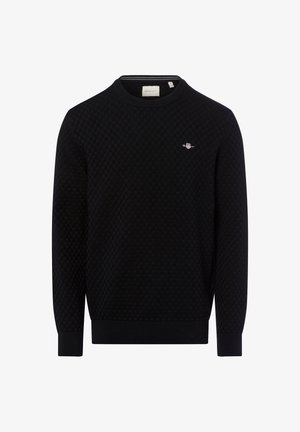 Schwarzer strukturierter Pullover mit Karomuster, Rundhals und Rippbündchen. Verfügt über ein kleines Logo auf der linken Brust.