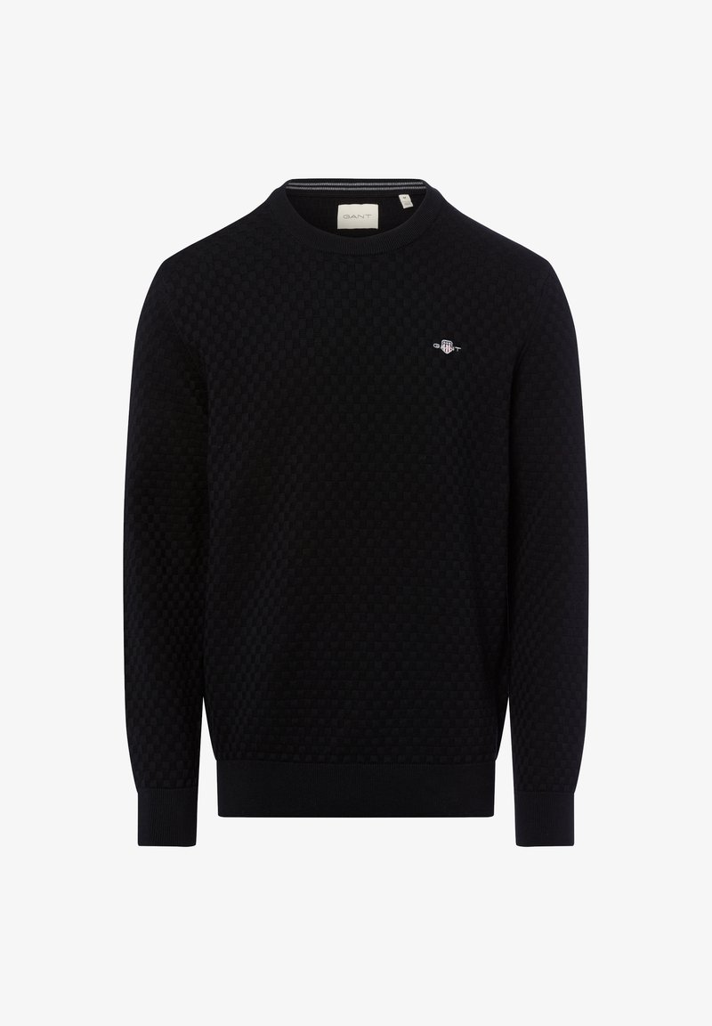 Schwarzer strukturierter Pullover mit Karomuster, Rundhals und Rippbündchen. Verfügt über ein kleines Logo auf der linken Brust.