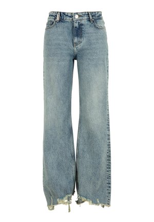 Hele sinised laia säärega teksad kõrge vöökohaga ja äärestatud alumise osaga.