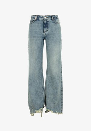 Hele sinised laia säärega teksad kõrge vöökohaga ja äärestatud alumise osaga.